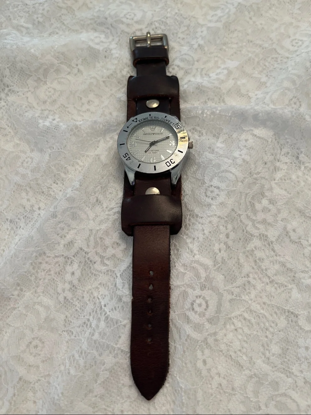 Emporio Armani Silver Dial Watch with Brown Leather Strap